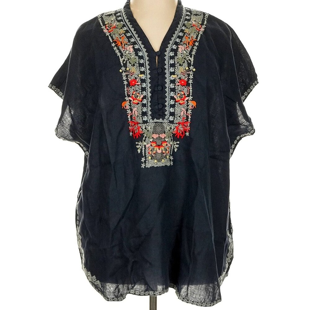 Johnny Was Black Blouse with Red and Orange Embroidery